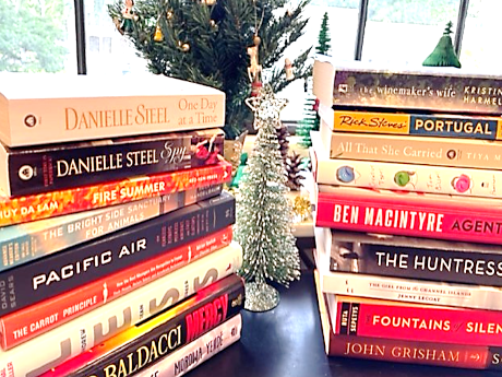 photograph showing two stacks of books and winter seasonal decorations.