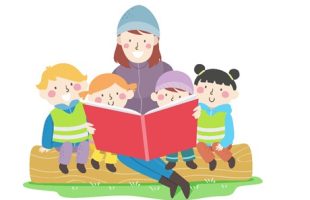 A female adult reading to children