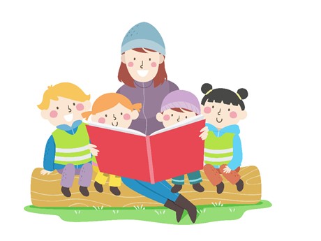 A female adult reading to children