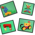 several build and play objects, dinosaur, plane, bridge and tractor.