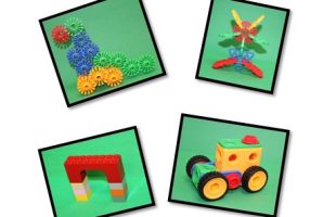 several build and play objects, dinosaur, plane, bridge and tractor.