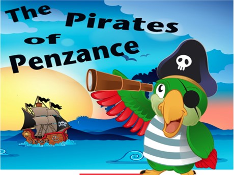 The Pirates of Penzance Cover picturing a parrot looking out at the sea with binoculars towards a pirate ship