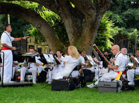 Band playing at outdoor venue.