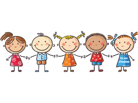 five cartoon toddlers holding hands with big smiles