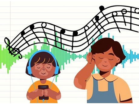 A girl and boy listening to music