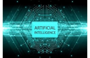 Words Artificial Intelligence surrounded by blue dots and lines