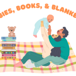 Parents holding a baby while sitting on a blanket with a stack of books and a teddy bear