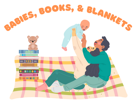 Parents holding a baby while sitting on a blanket with a stack of books and a teddy bear