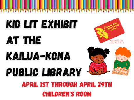 Kid Lit Exhibit logo with two children and library card