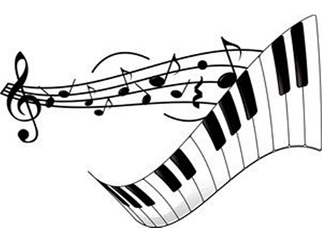 stylized piano keys and musical notation