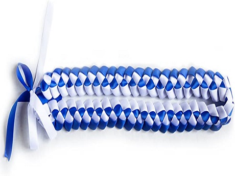 blue and white braided ribbon lei