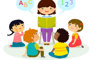 four children sitting on the floor, a librarian reading ABC, 123 to them from a book