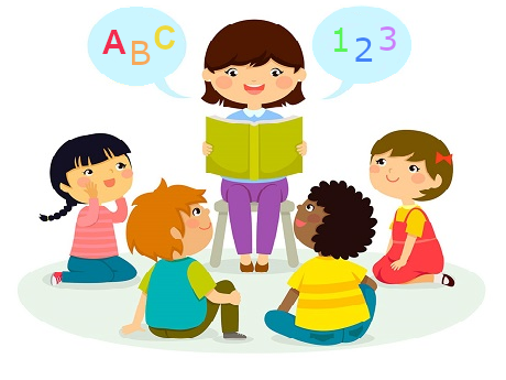 four children sitting on the floor, a librarian reading ABC, 123 to them from a book