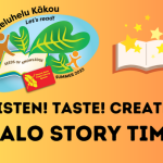 Web graphic for Listen! Taste! Create! Kalo Story Time featuring the Summer Reading Challenge 2023 logo and clipart of an open book with stars