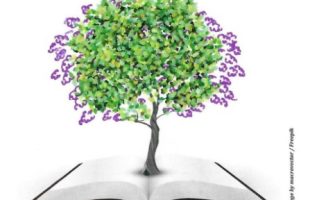 green tree with purple blooms growing out of a book
