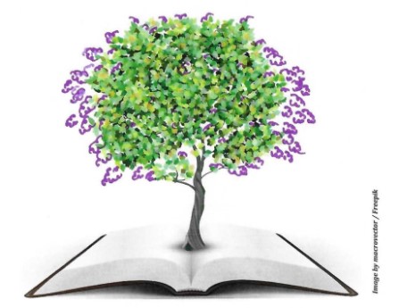 green tree with purple blooms growing out of a book