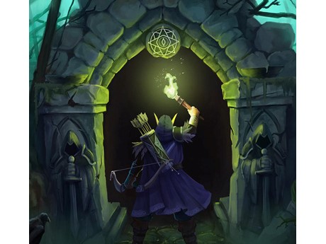 Warrior lifting a torch at the entrance of a dark crypt.