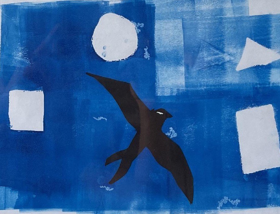 Mixed media art of a black bird flying in a blue sky with white square, circle and triangle shaped clouds.