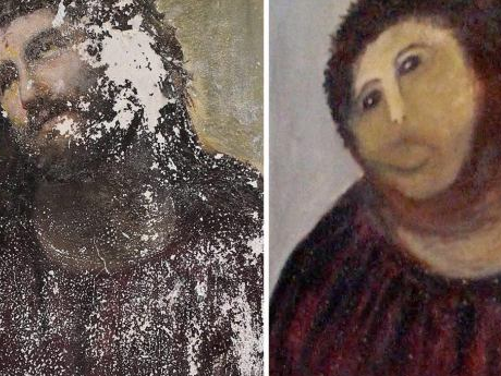 On the left: a Renaissance portrait of Christ on the Cross. On the right: the same painting, after a cleaning done by a church staff member. Christ now looks like a sad monkey in a robe.