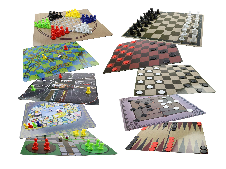 10 different classical board games, stacked on top of each other.