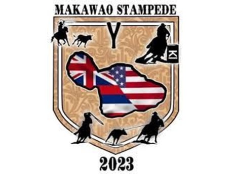 logo for Makawao Stampede 2023 featuring outline of Maui and cowboy images