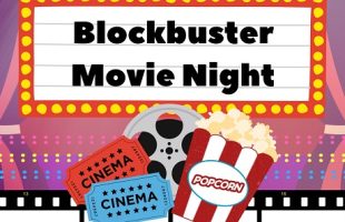 A picture of a marquee that says Blockbuster Movie Night with a pink theater background
