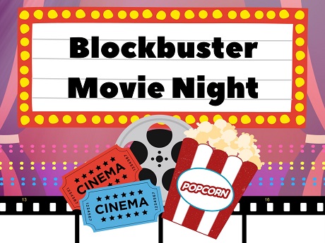 A picture of a marquee that says Blockbuster Movie Night with a pink theater background