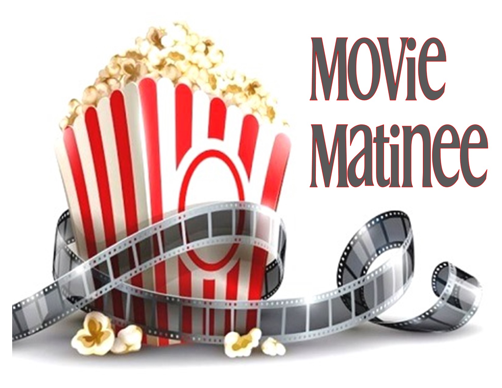 Box of popcorn with a film reel and "Movie Matinee"