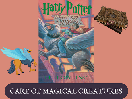 Cover of fourth Harry Potter book, a hippogriff, a monster book of monsters.