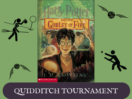 Cover art for Harry Potter and the Goblet of Fire, golden snitches, two players on broomsticks