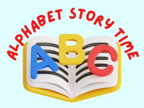 Alphabet Story Time title curved over book with ABC print