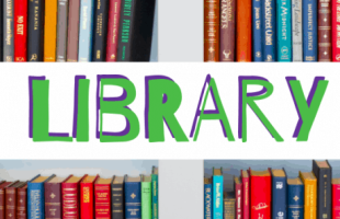 The word, "library," surrounded by books.