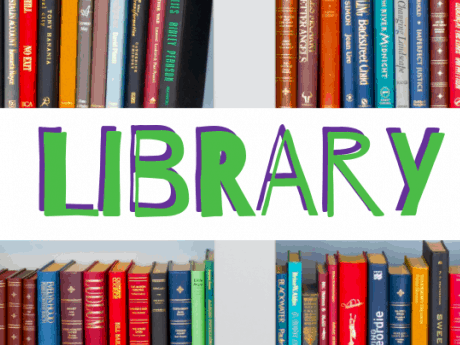 The word, "library," surrounded by books.