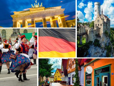 Photo collage of Brandenberg Gate, German flag, a castle, street and dancers.