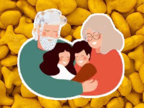 Grandparents hug two grandchildren on top of a goldfish cracker background