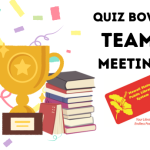 Quiz Bowl Team Meeting text with HSPLS library card logo and graphics of a trophy, confetti, and a stack of books
