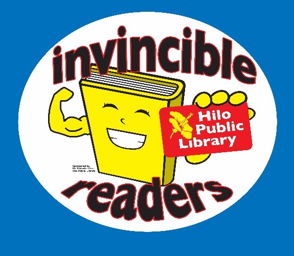 Invincible reader logo: a yellow book with a big smile and muscles holding a red Hilo Public Library card