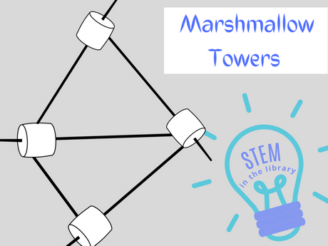 Marshmallows on sticks making a tower. Light bulb that says STEM in the library