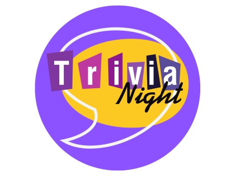 Trivia Night written inside a speech bubble on top of a purple circle.