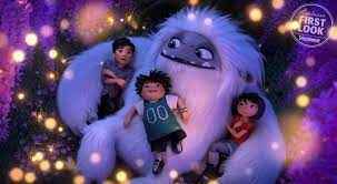 Abominable movie poster: three kids laying on abominable monster