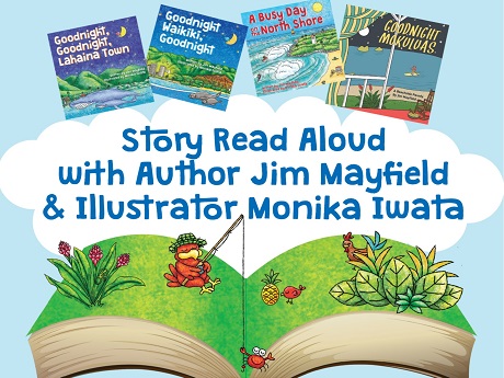An illustrated image of Jim mayfield's books and a book that opens into a field of grass.