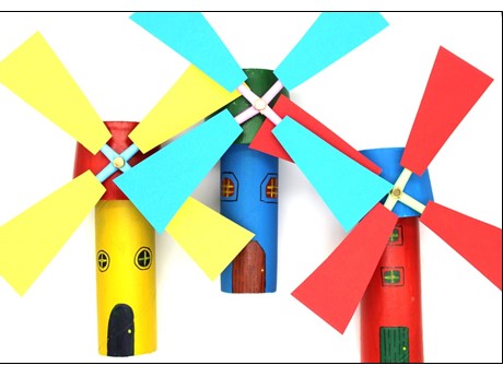 3 colorful windmills made from cardboard.