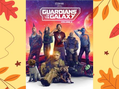 DVD cover of Guardians of the Galaxy in front of fall leaves background