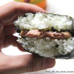 Hand holding a spam musubi,