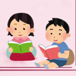 A boy and a girl reading books in front of a pink background.