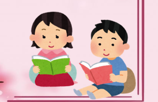 A boy and a girl reading books in front of a pink background.