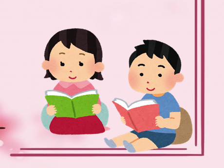 A boy and a girl reading books in front of a pink background.