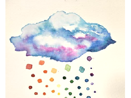 watercolor cloud, with rainbow raindrops