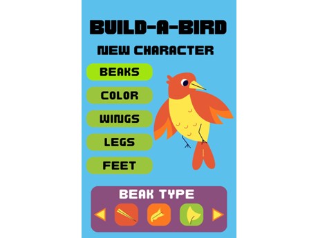 Build-a-bird logo, with picture of a bird and options to choose beaks, color, wings, legs, or feet.