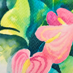 a watercolor painting of three pink anthuriums embedded in green foiliage